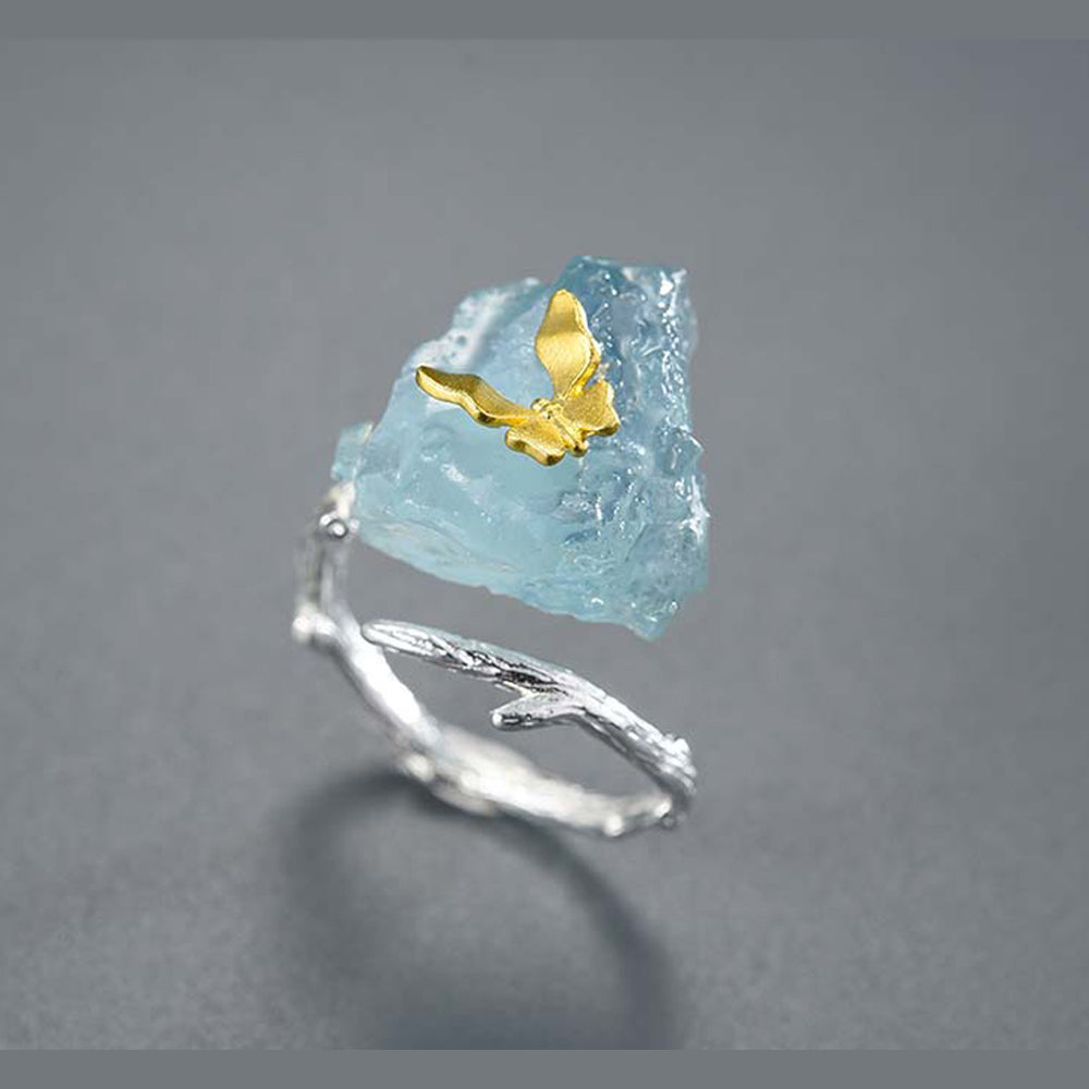 Aquamarine Silver Ring, Raw Agate Open Ring Online - LUXYIN