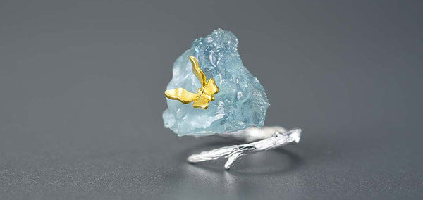 Aquamarine Silver Ring, Raw Agate Open Ring Online - LUXYIN