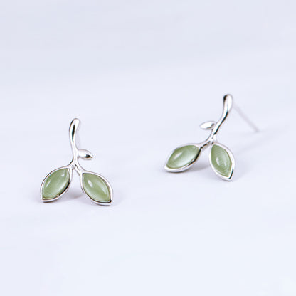 Green Opal Leaves Buds Stud Earrings