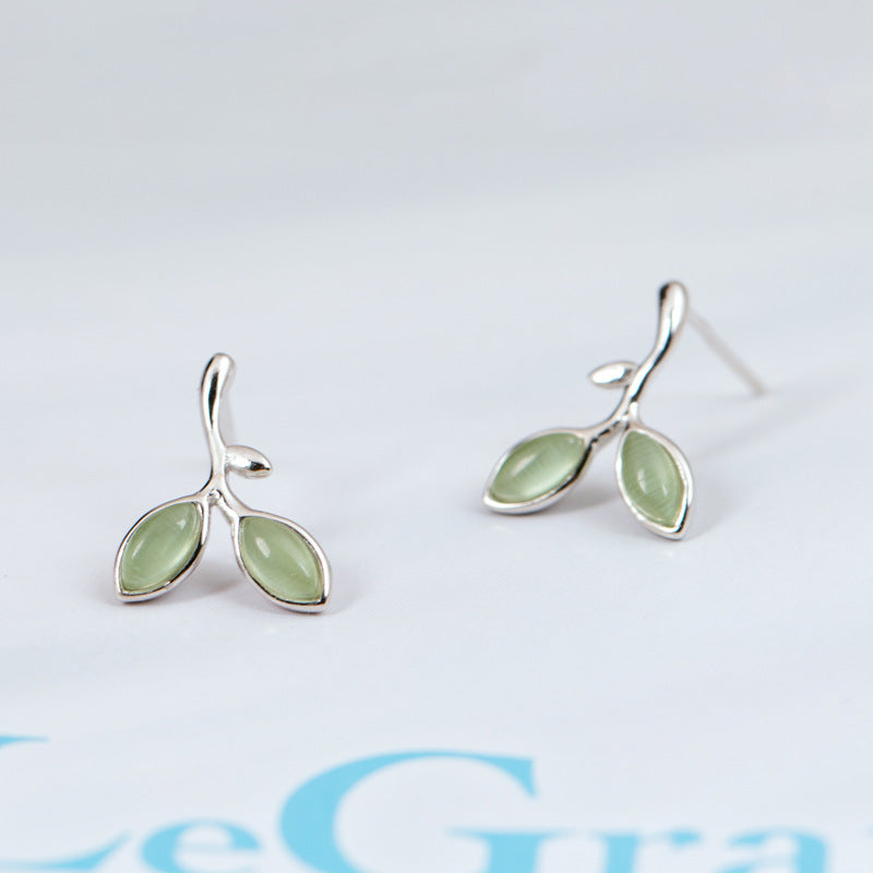 Green Opal Leaves Buds Stud Earrings