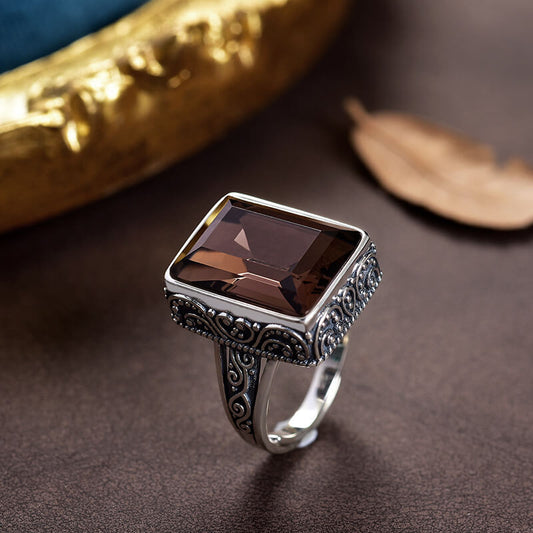 Vintage Square Crystal Silver Open Ring