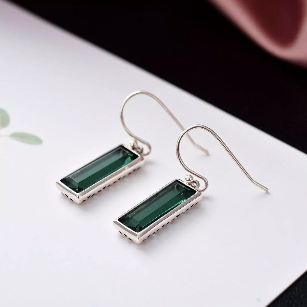 Rectangle Green Crystal Drop Earrings