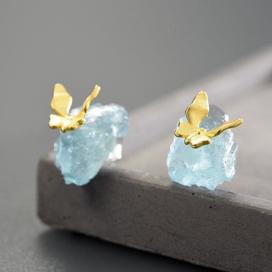 Aquamarine Silver Earrings, Natural Crystal Studs Online - LUXYIN