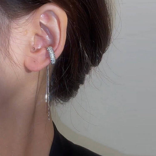 C Shape Tassel Ear Cuff Non-Pierced Earrings, Silver Dangle Ear Wrap