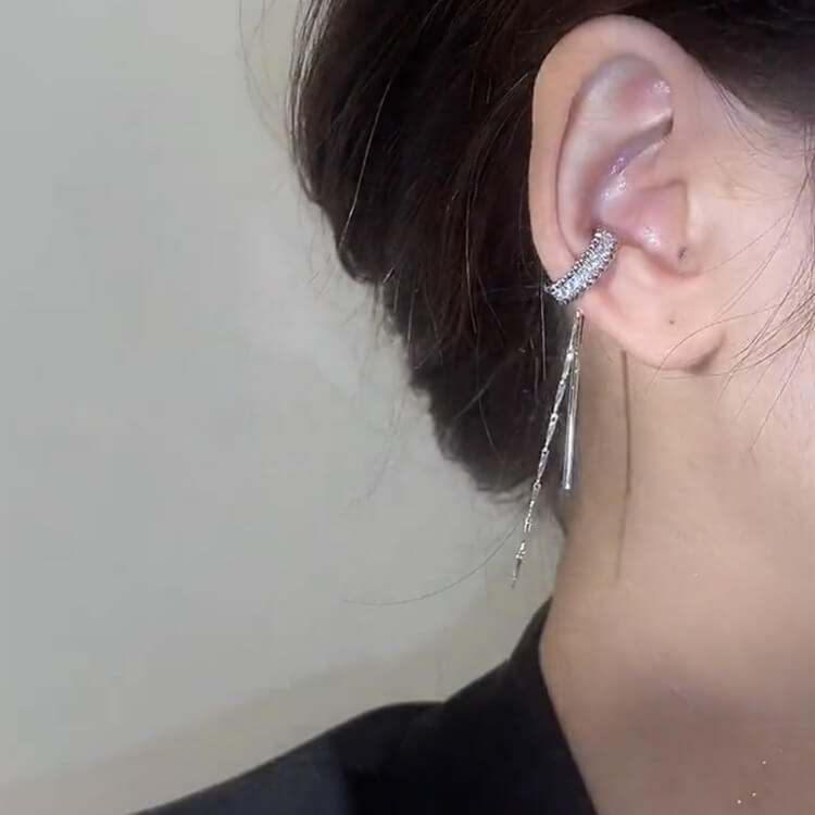 C Shape Tassel Ear Cuff Non-Pierced Earrings, Silver Dangle Ear Wrap