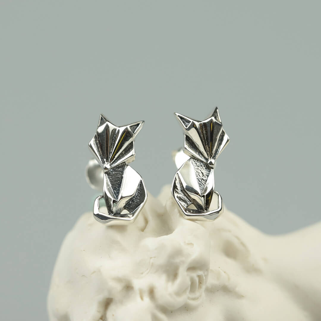 Silver Paper Folding Fox Stud Earrings